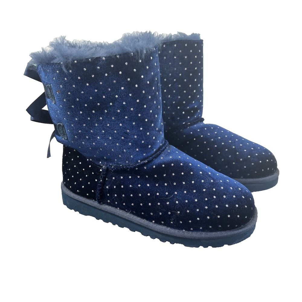 UGG Bailey Bow Starlight Navy Blue Velveet Glitter Boots 1014496Y Youth 5/Wmn 7